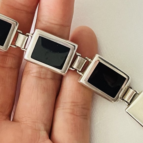 Handcrafted Classic  925 Sterling Silver Black Onyx Station Bracelet, Bezel Set - Picture 5 of 11